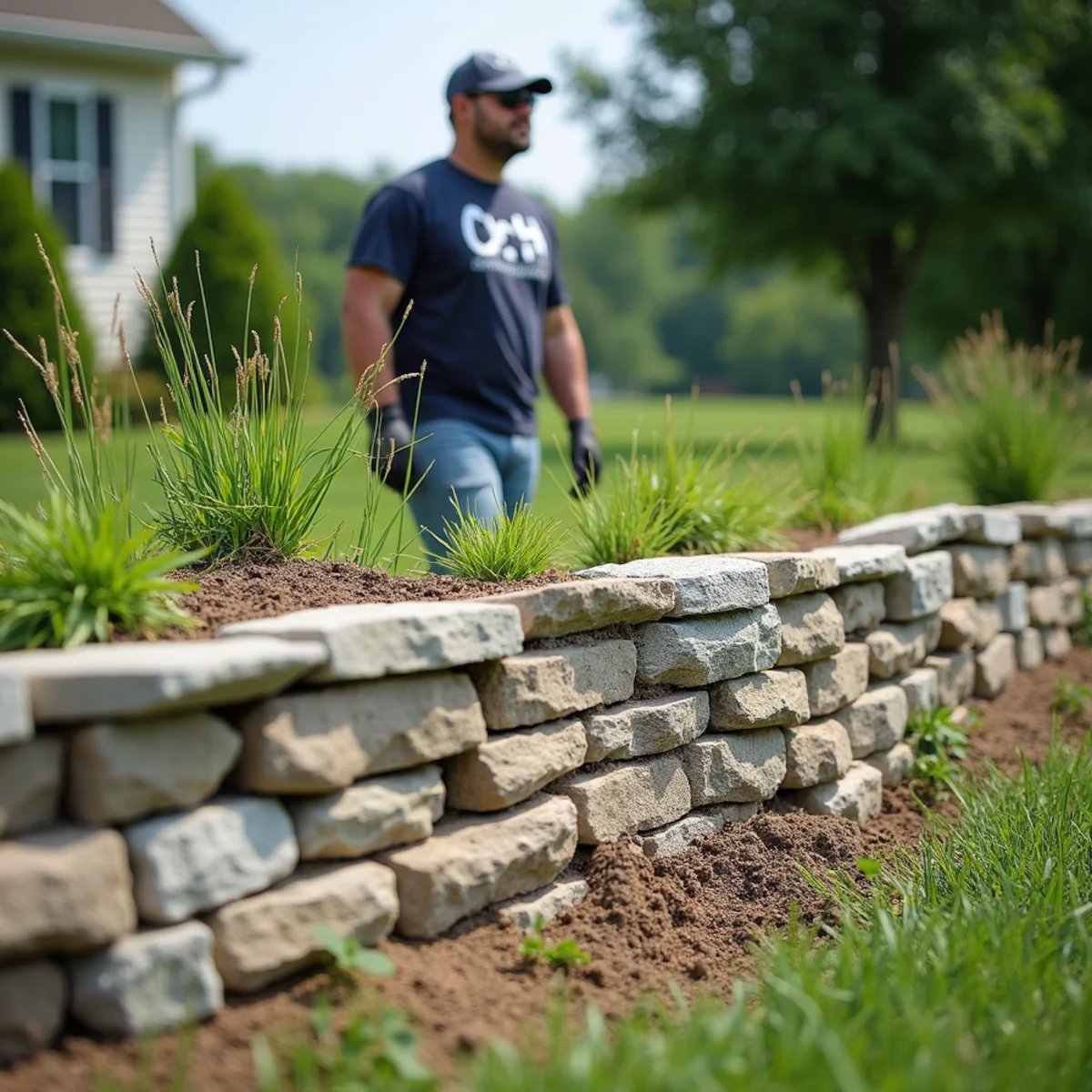 Hand-stacked dry limestone retaining wall in the Kentucky Bluegrass tradition