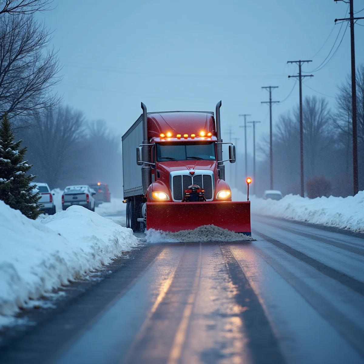 Snow plow clearing a large commercial parking lot in Central Kentucky at dawn