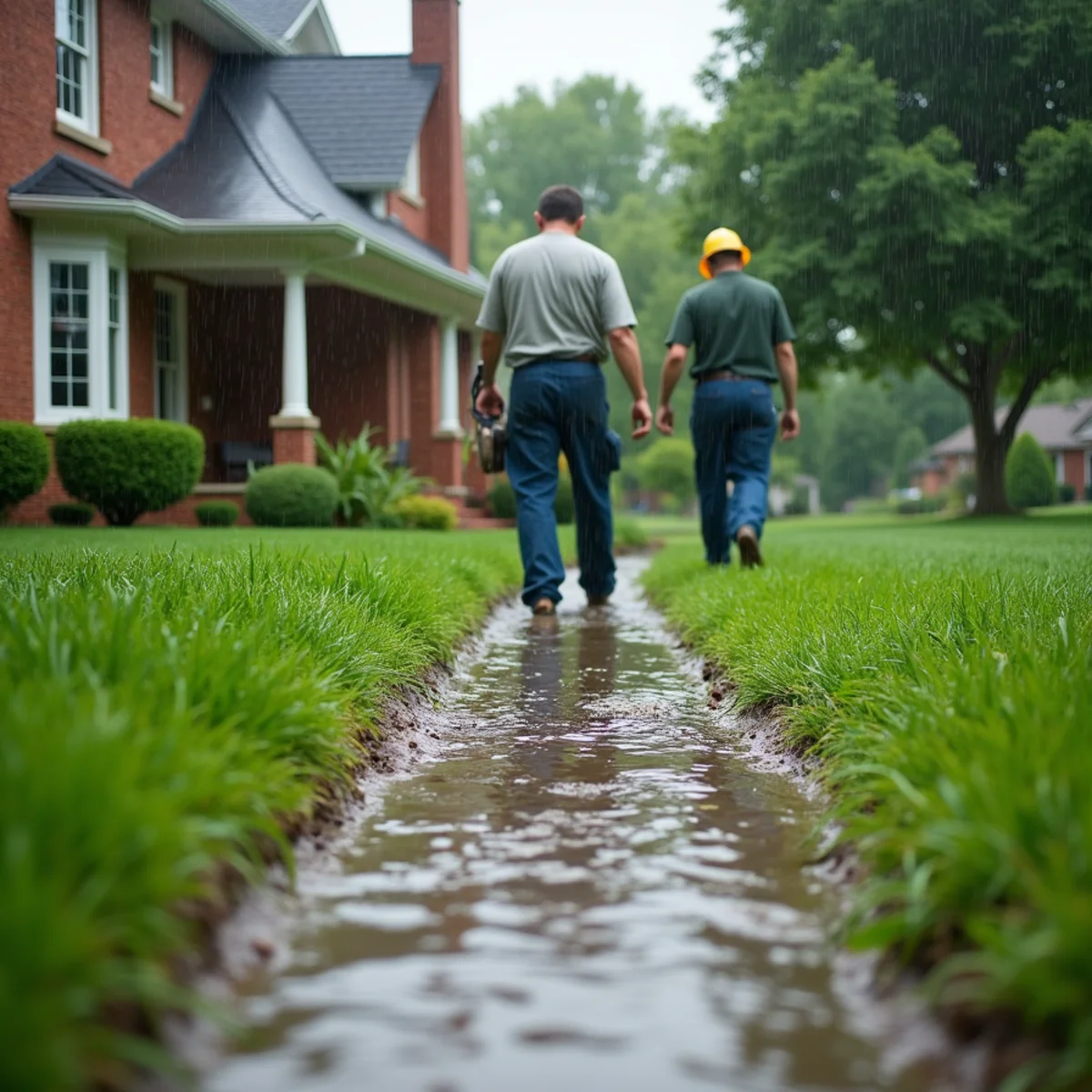 Standing water flooding a residential yard against a foundation in Central Kentucky