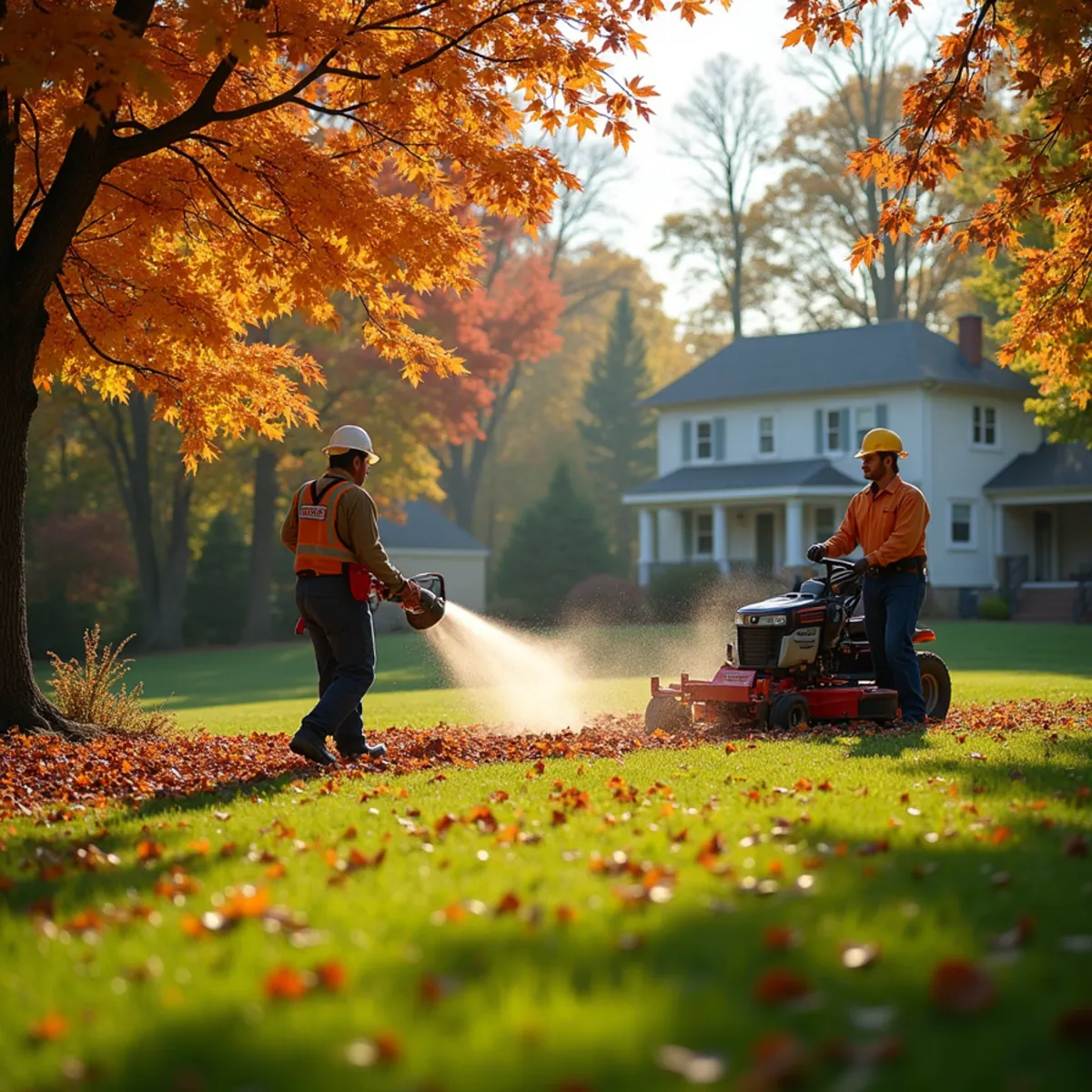 Fall leaf cleanup and overseeding on a Scott County, KY lawn