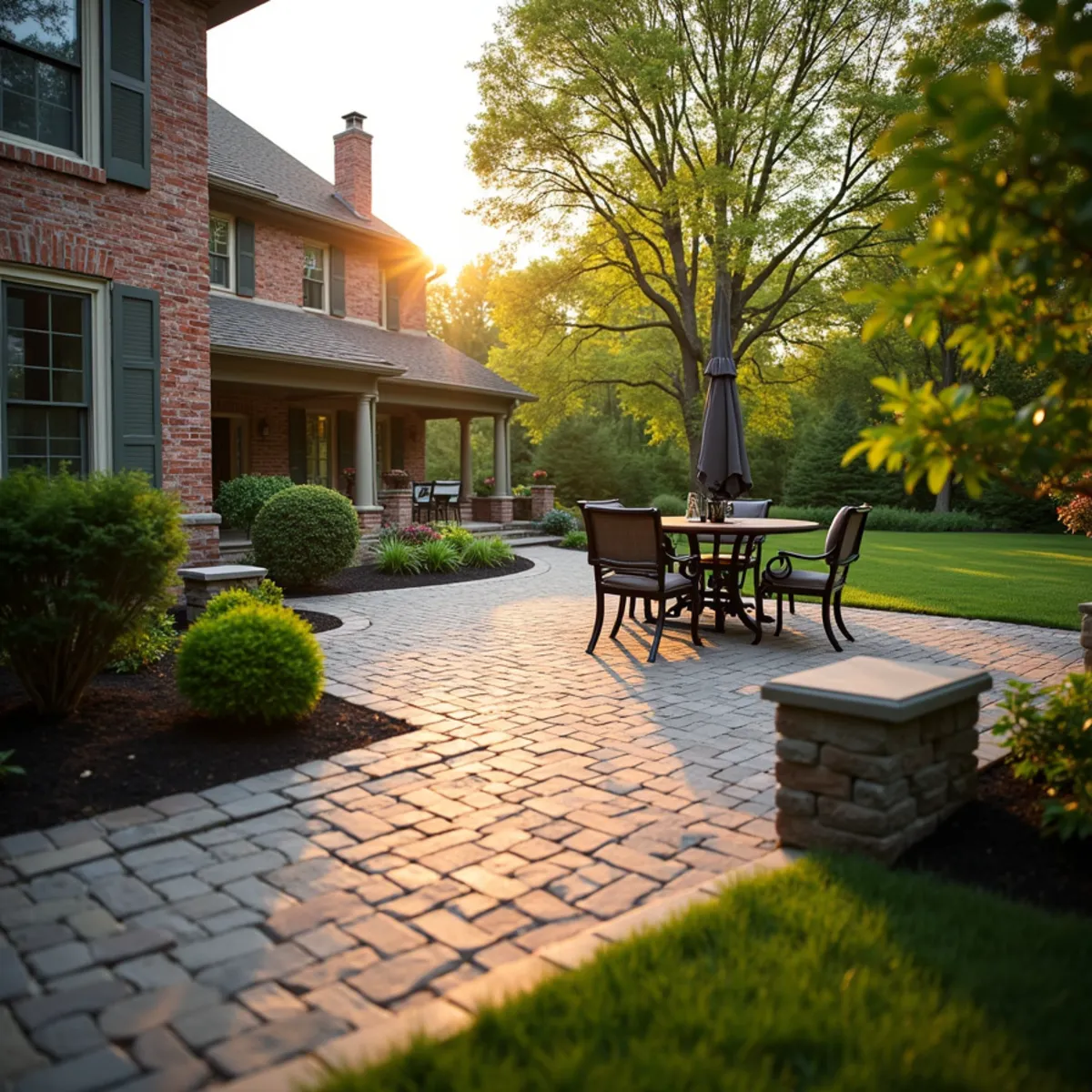 Brick paver patio with a seat wall installed at a Central Kentucky home