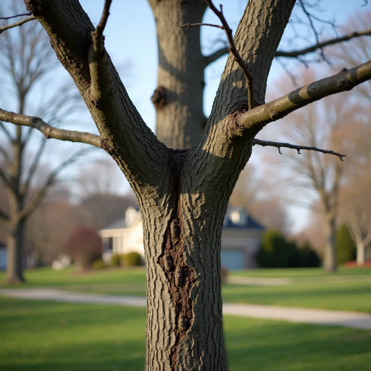 Weak V-shaped branch union in a mature oak tree in Central Kentucky