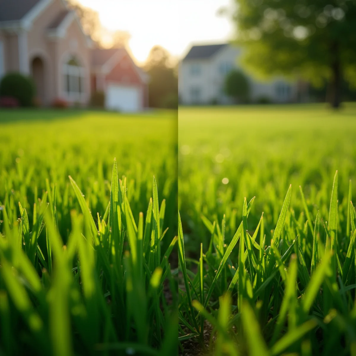 Close-up comparison of Kentucky Bluegrass and tall fescue turf in Central Kentucky