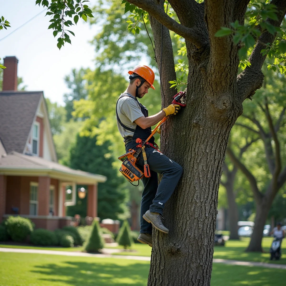 Arborist carefully pruning a tree branch near a home in historic Georgetown, KY