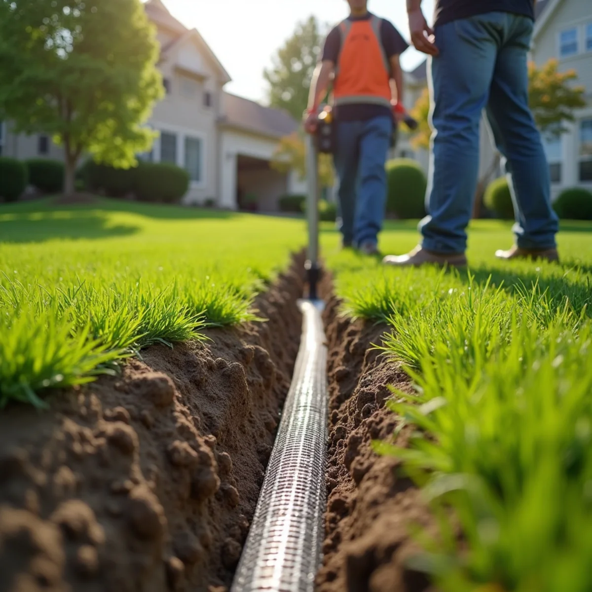 French drain trench with gravel and pipe being installed in clay soil in Central Kentucky