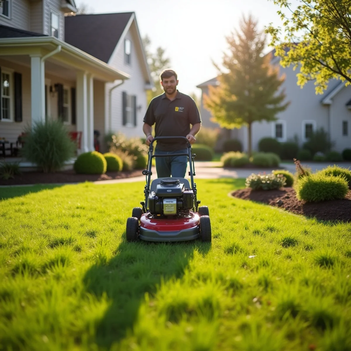 Spring lawn care with fresh green grass and mulched beds in Central Kentucky