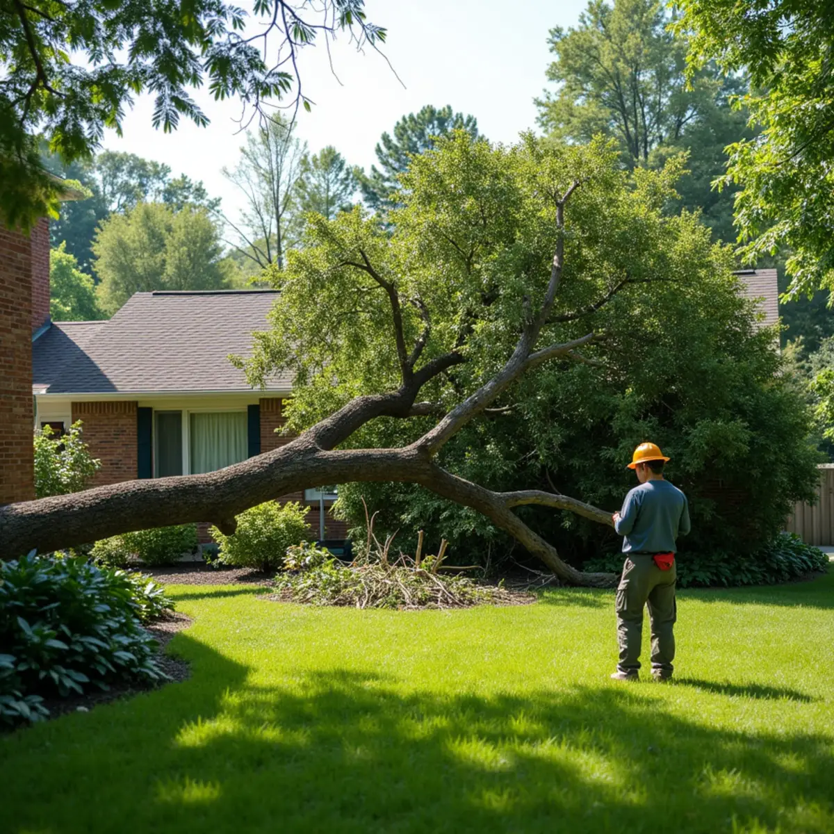Large tree down across a yard after a storm in Georgetown, KY
