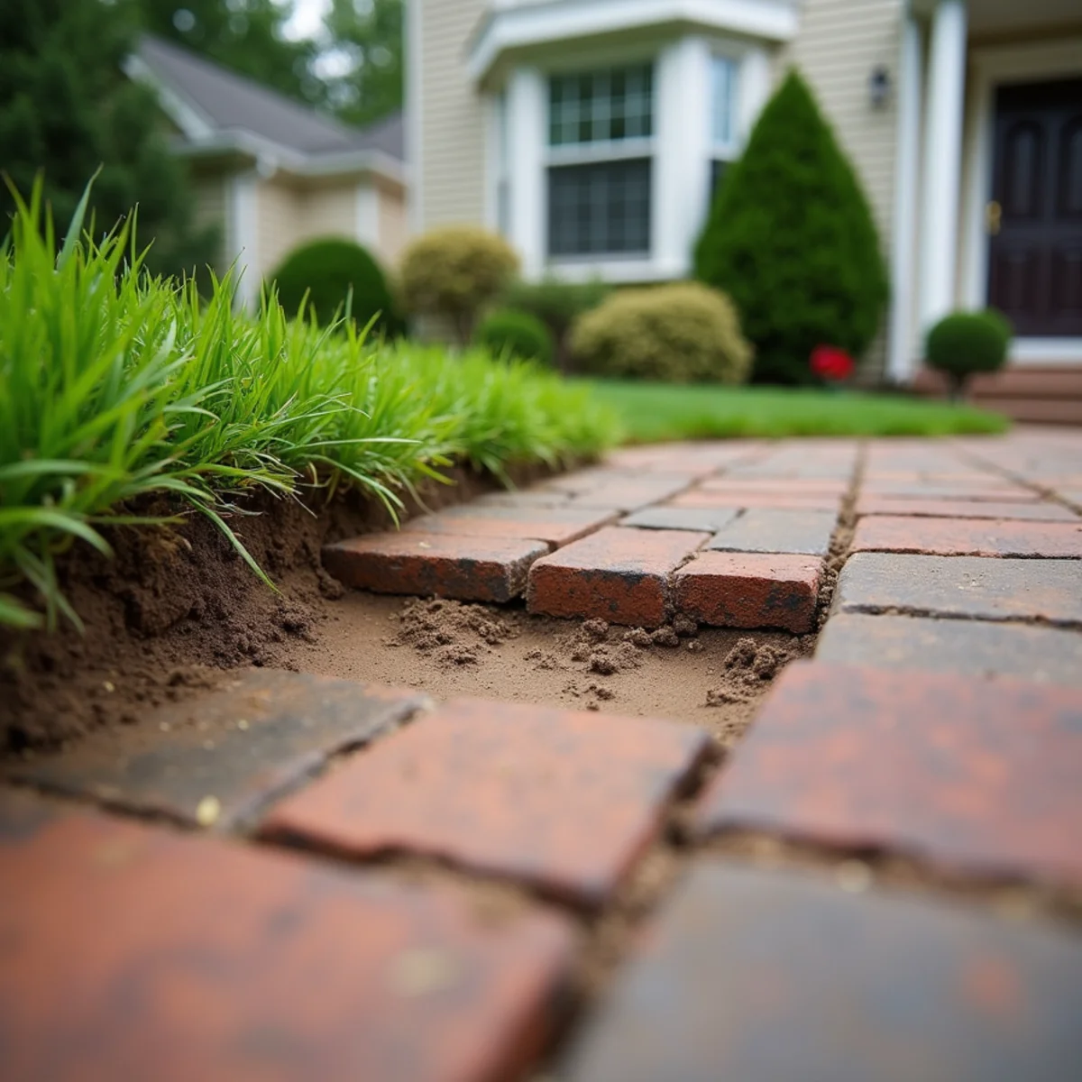 Sunken and uneven brick pavers on a patio in Central Kentucky