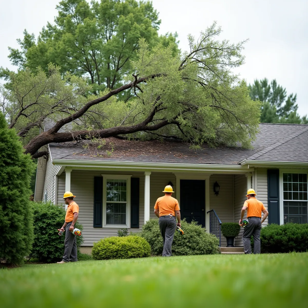 Storm-damaged tree resting on a house roof in Central Kentucky
