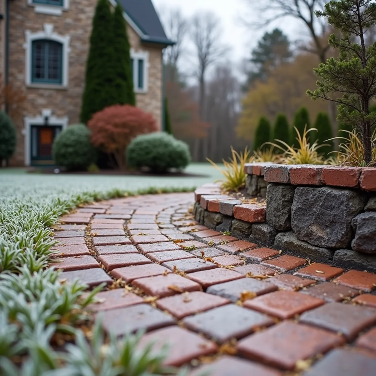 Frost-heaved brick pavers and cracked wall in Central Kentucky winter